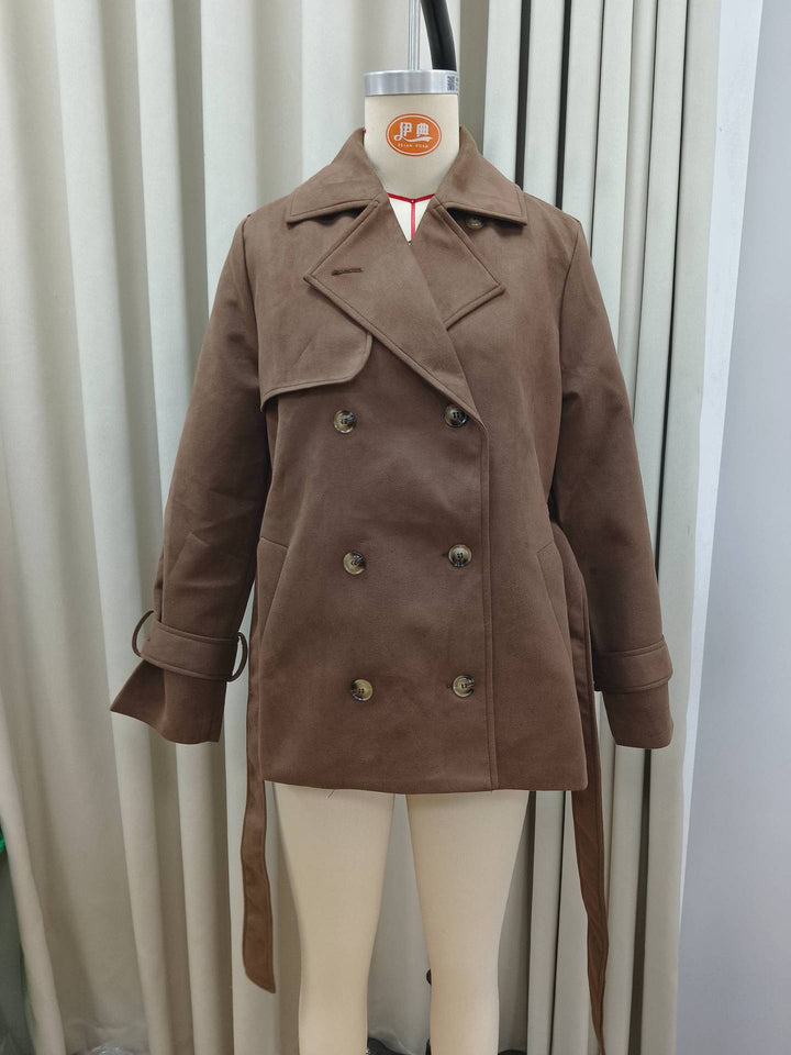 Women's Long Double-Breasted Trench Coat in Suede-Like with Waist Belt Mune Fashion