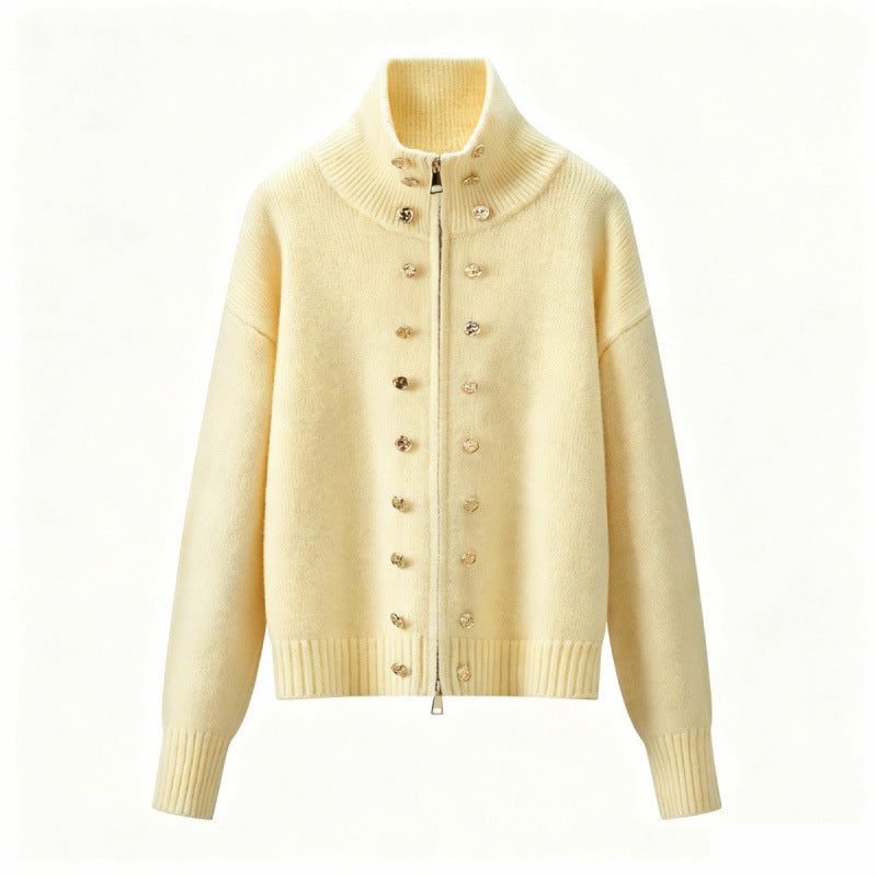 Women's Cropped Cardigan with High Standing Collar, Decorative Button Placket and Double Zipper Mune Fashion