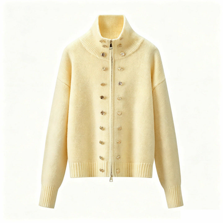 Women's Cropped Cardigan with High Standing Collar, Decorative Button Placket and Double Zipper Mune Fashion