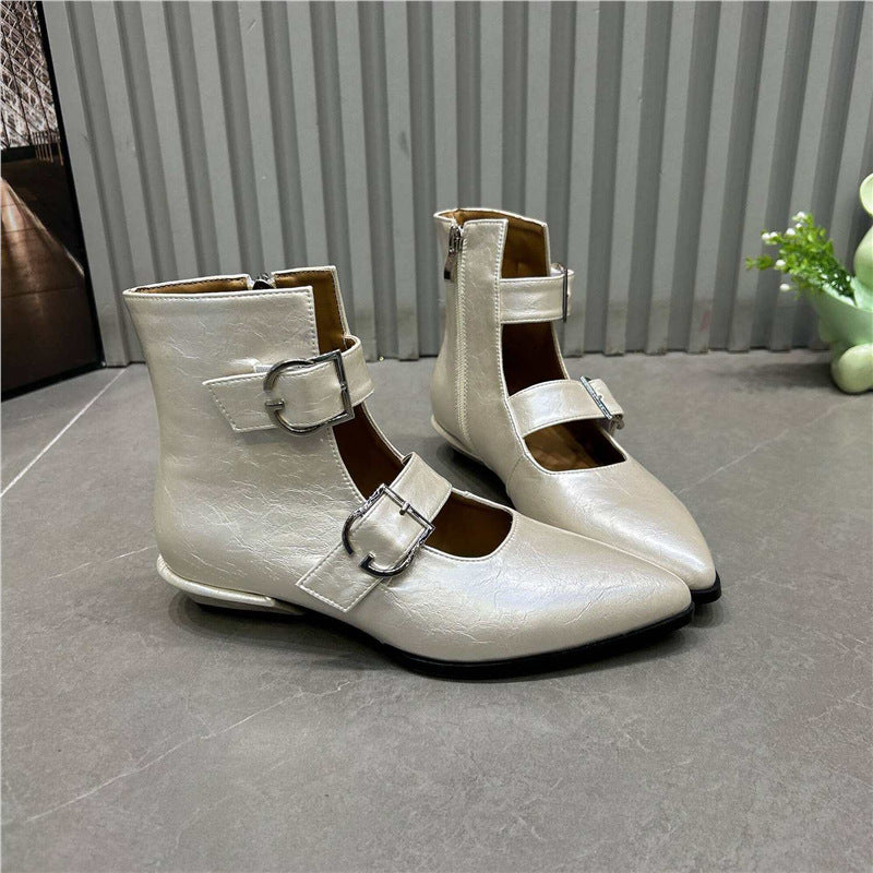 Women’s pointed toe ankle boots with double straps, buckles and low block heel Mune Fashion