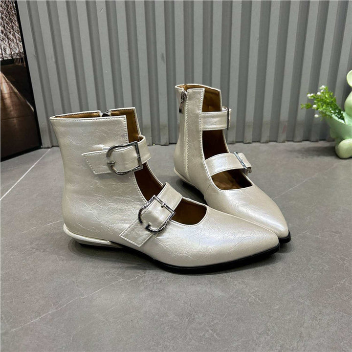 Women’s pointed toe ankle boots with double straps, buckles and low block heel Mune Fashion