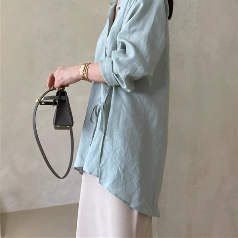 Women loose-fitting linen shirt blouse with stand-up collar, drawstring waist and full button placket Mune Fashion
