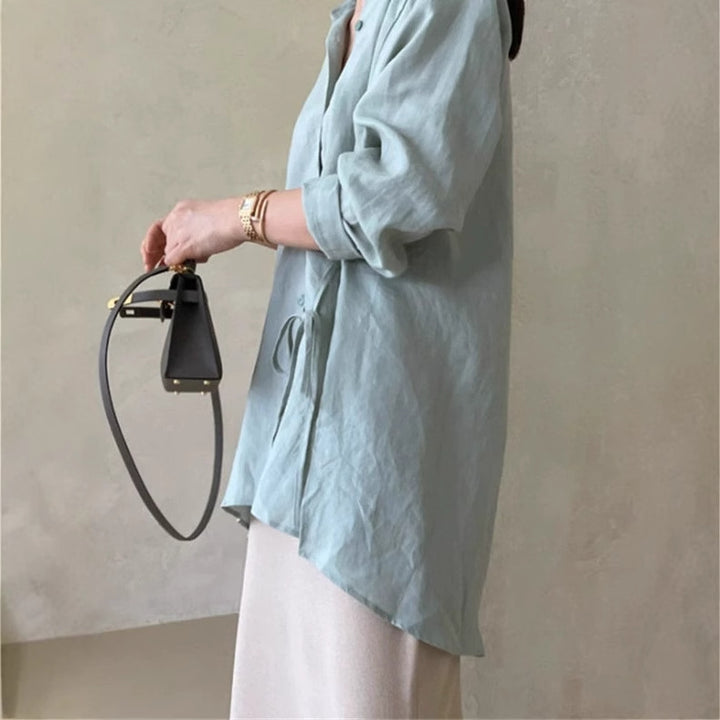 Women loose-fitting linen shirt blouse with stand-up collar, drawstring waist and full button placket Mune Fashion