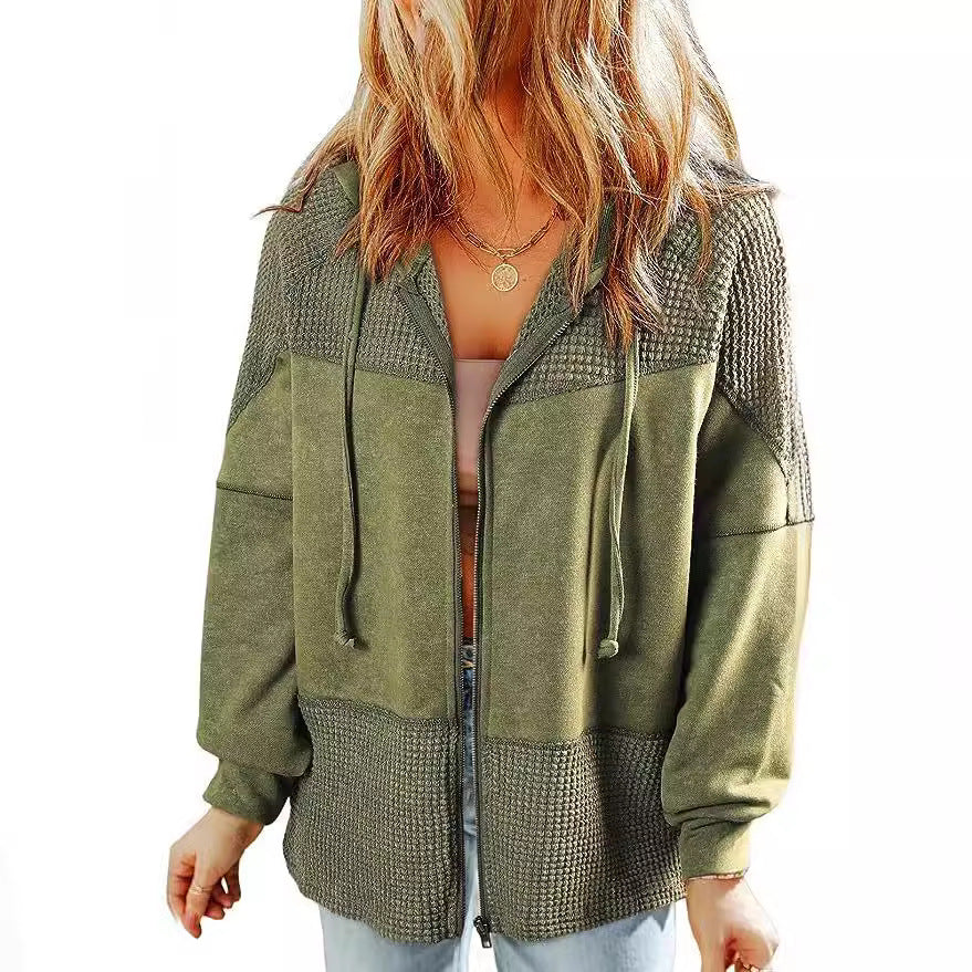 Women's Casual Oversized Hoodie Jacket with Textured Knit Inserts and Zipper Mune Fashion