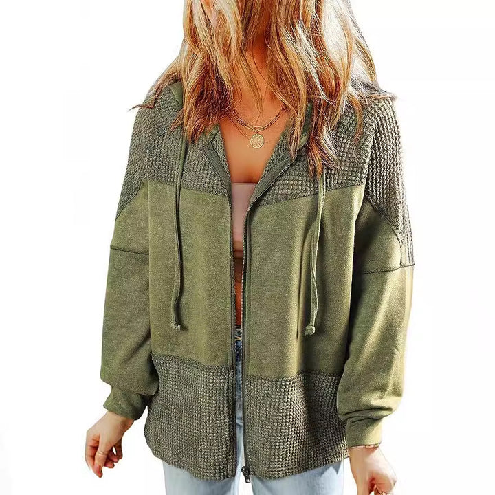 Women's Casual Oversized Hoodie Jacket with Textured Knit Inserts and Zipper Mune Fashion