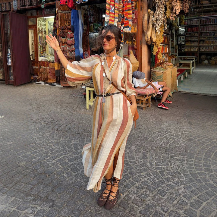 Women's Striped Linen Maxi Dress in Boho Style with Balloon Sleeves, Side Slit and Waist Belt Mune Fashion