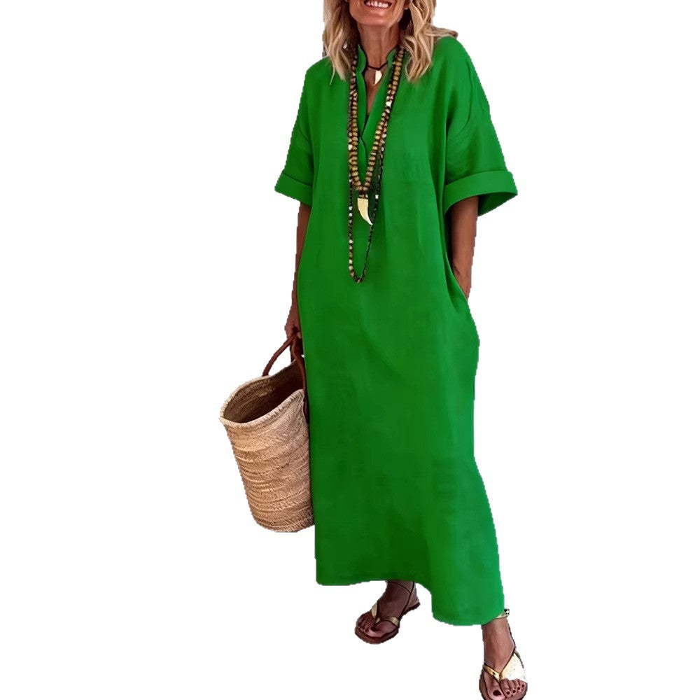Women's Linen Maxi Dress with V-Neck and Practical Pockets Mune Fashion