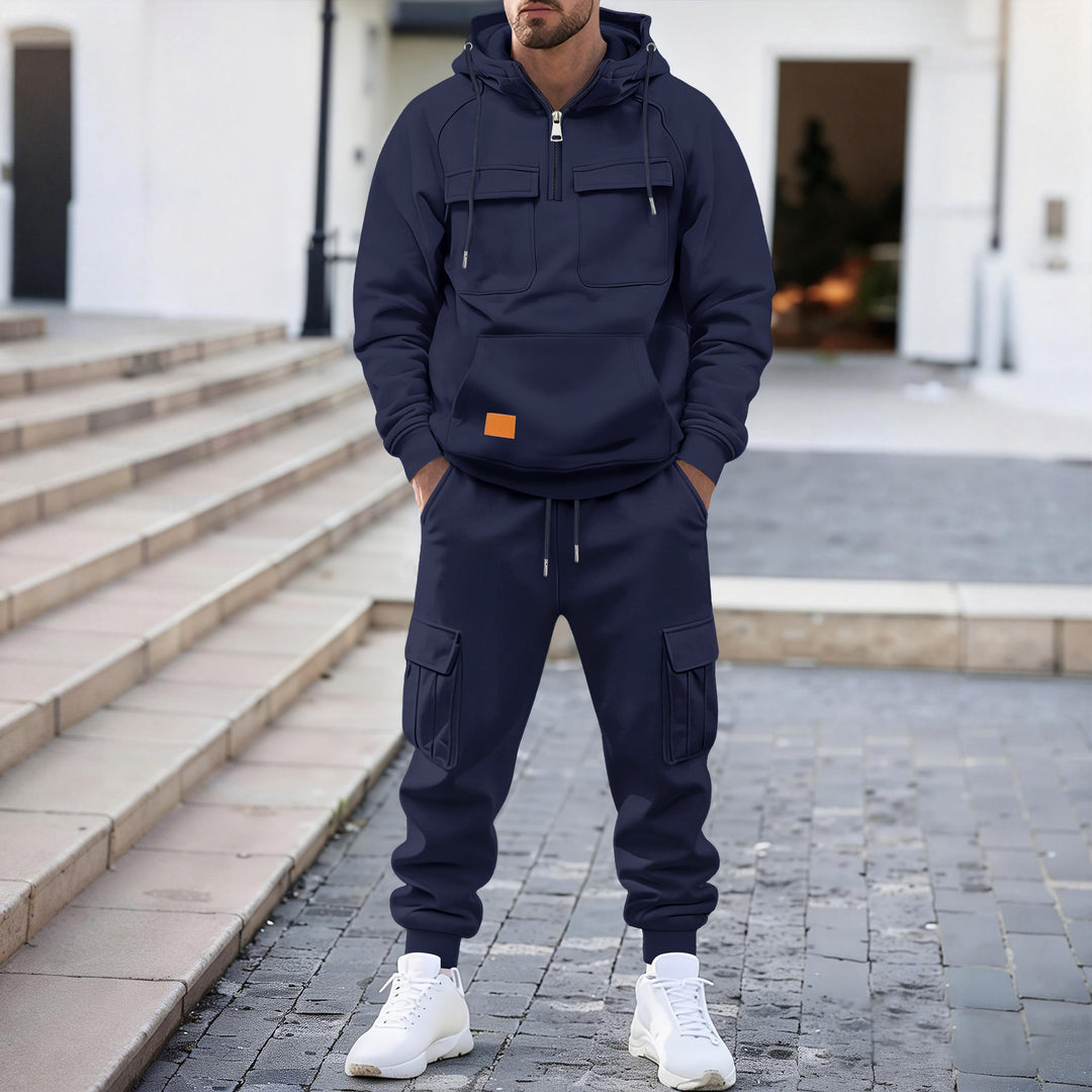 Men's oversized technical hoodie with half zip, hood, kangaroo pocket, and attached utility pockets Mune Fashion