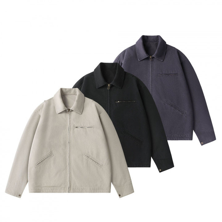 Unisex Boxy Short Jacket in Worker Blouson Style with Shirt Collar and Concealed Zip Mune Fashion