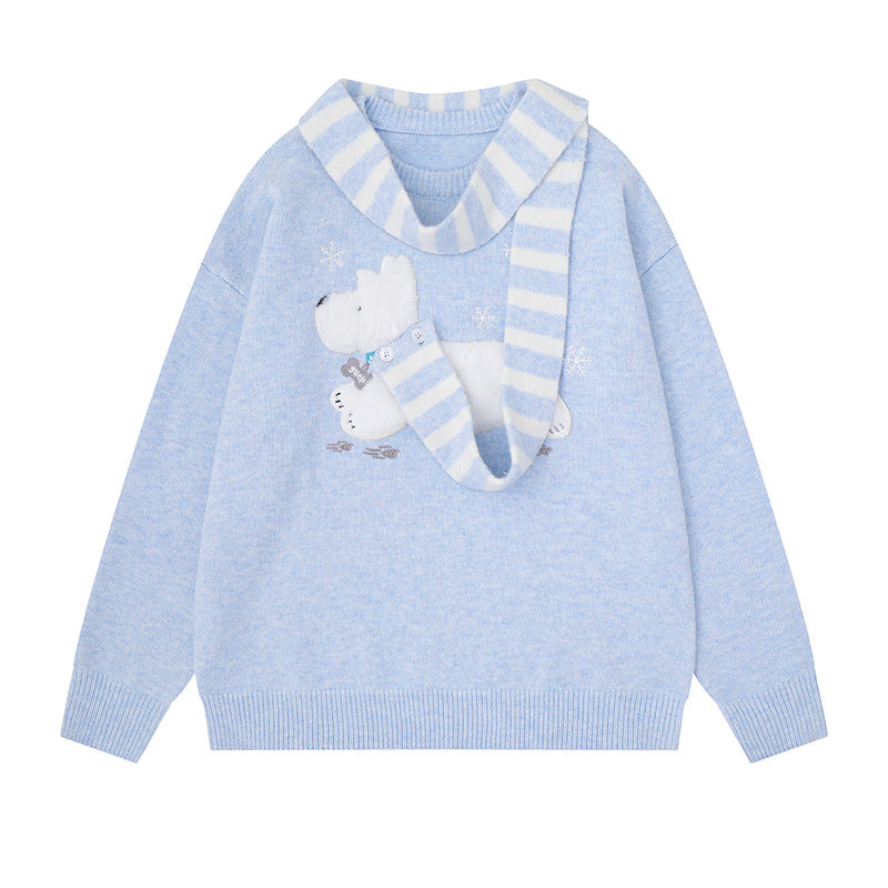 Women's Cozy Knit Sweater with Polar Bear Applique and Integrated Striped Scarf Mune Fashion