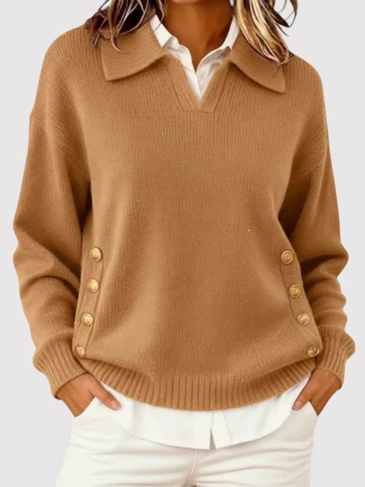 Women's Stylish Knitted Sweater with Collar and Button Details
