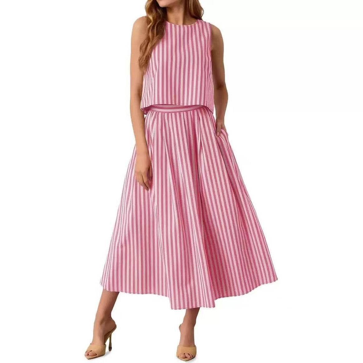 Women's Sleeveless Midi Dress with High Waist and Flared Pleated Skirt Mune Fashion
