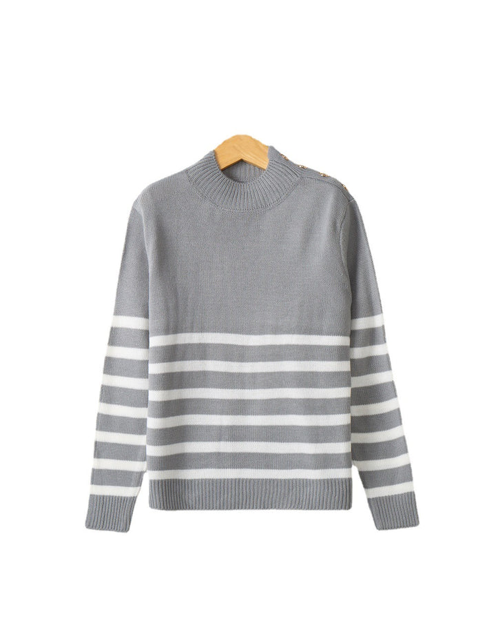 Women's Striped Turtleneck Sweater with Decorative Shoulder Buttons and Ribbed Cuffs Mune Fashion
