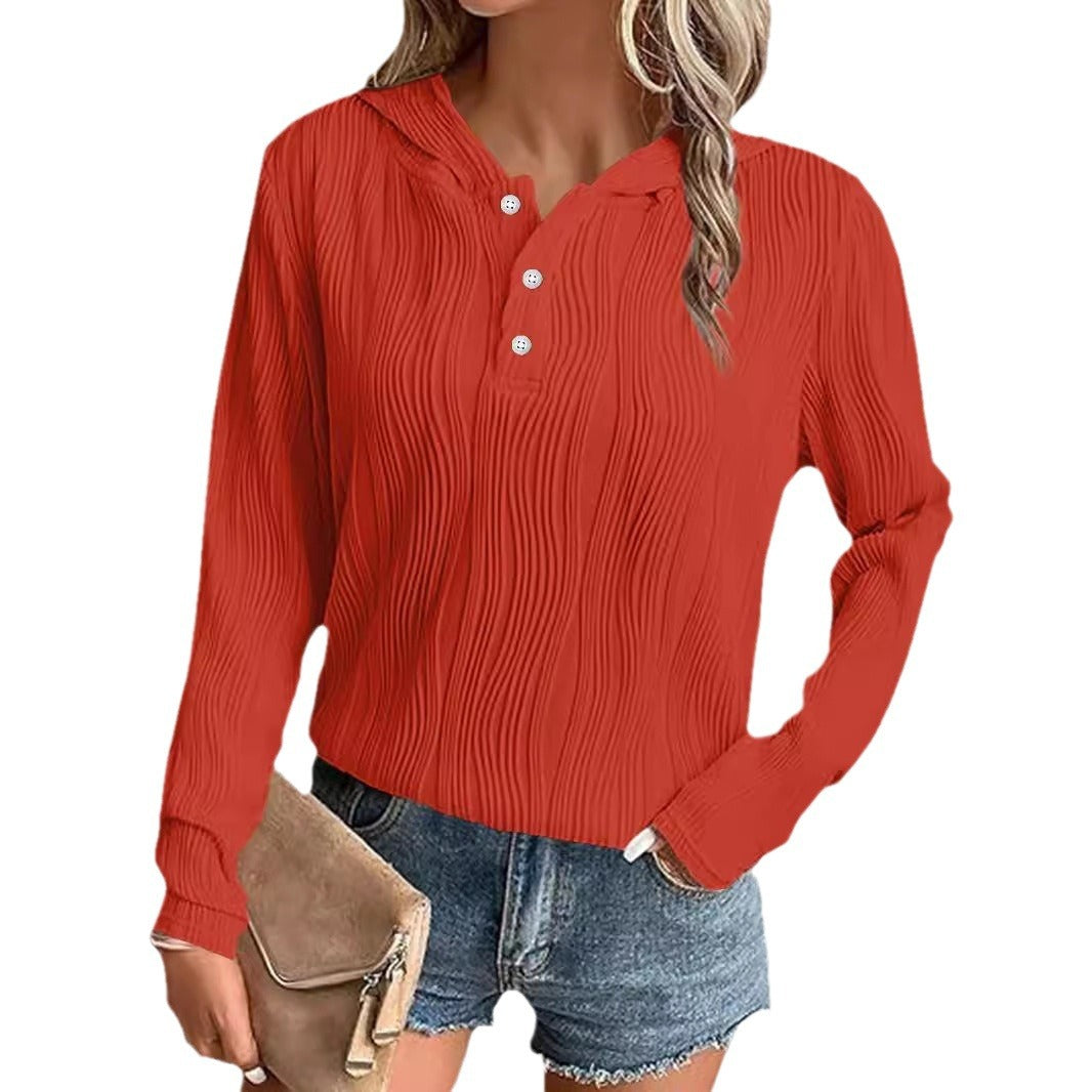 Women's Ribbed Hooded Henley Shirt with Button Placket and Light Texture Mune Fashion