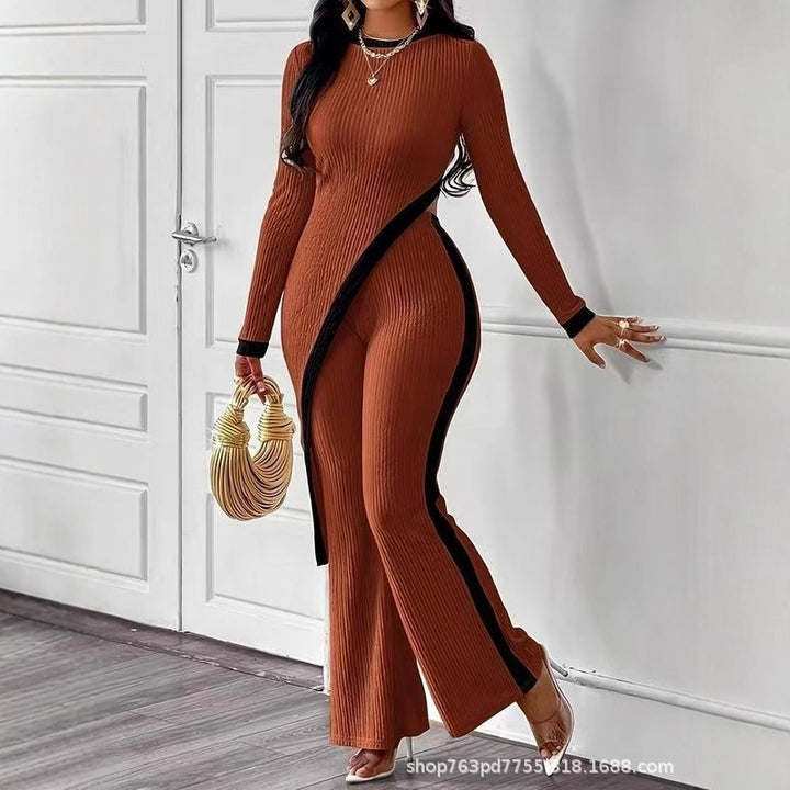 Women's elegant ribbed jumpsuit with asymmetrical wrap look, fitted cut-out, and contrasting side stripes Mune Fashion