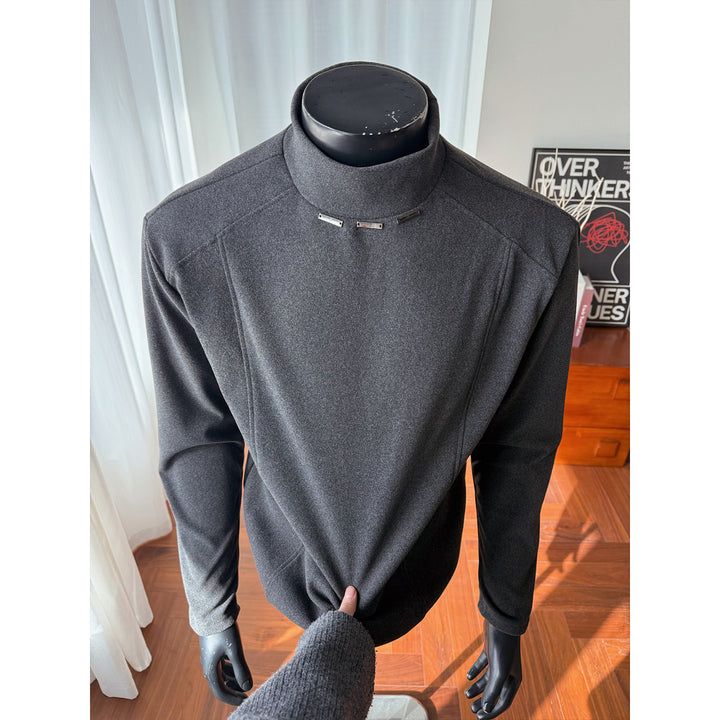 Men's Rollneck Fine Knit Shirt with Metal Studs at the Collar and Slim Silhouette Mune Fashion