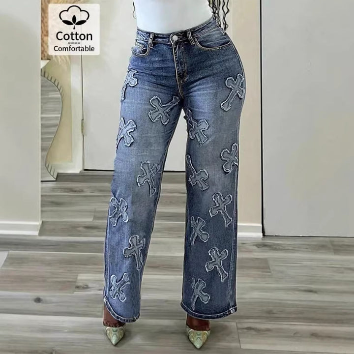 Women's high-waisted straight-cut jeans with cross appliqués made of cotton denim Mune Fashion
