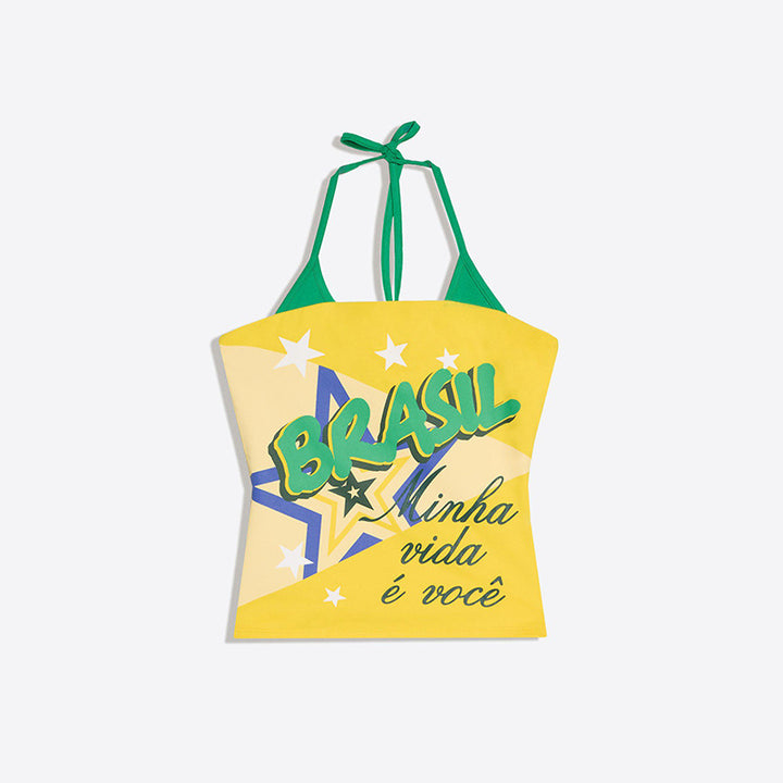 Ladies nan halter top with deep V-neck and sporty retro print Mune Fashion