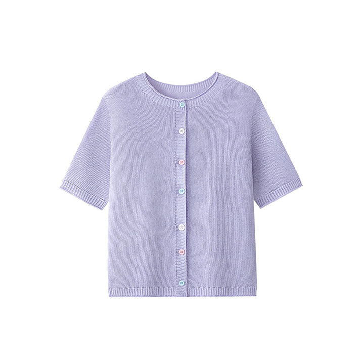 Women's Short Sleeve Fine Knit Cardigan with Round Neckline & Fine Button Placket Mune Fashion