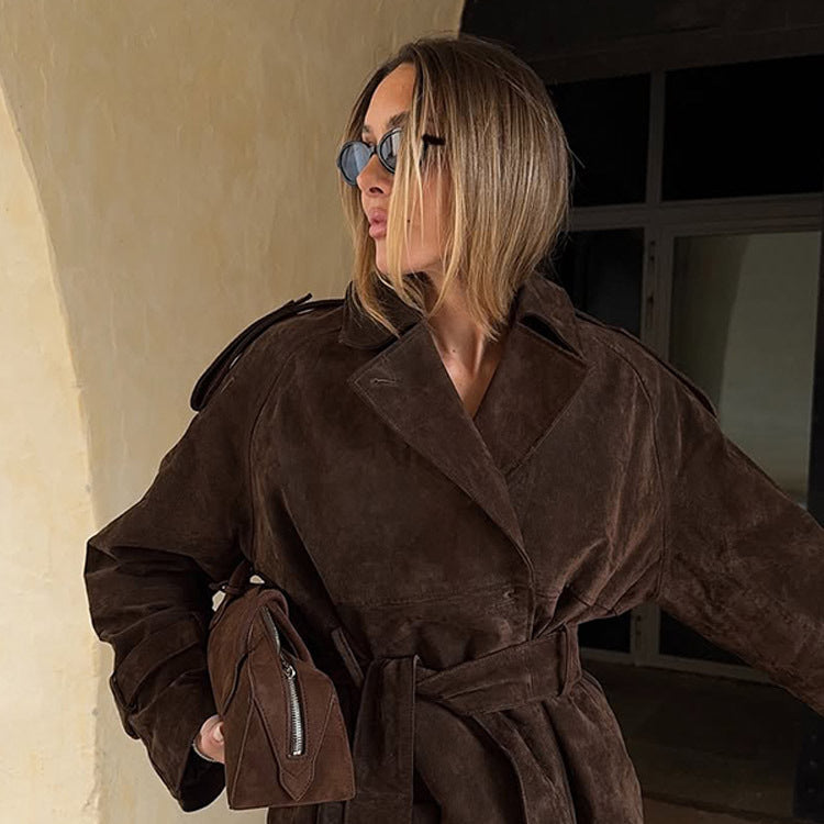 Ladies Fashionable Suede Jacket with Waist Belt and Voluminous Sleeves Mune