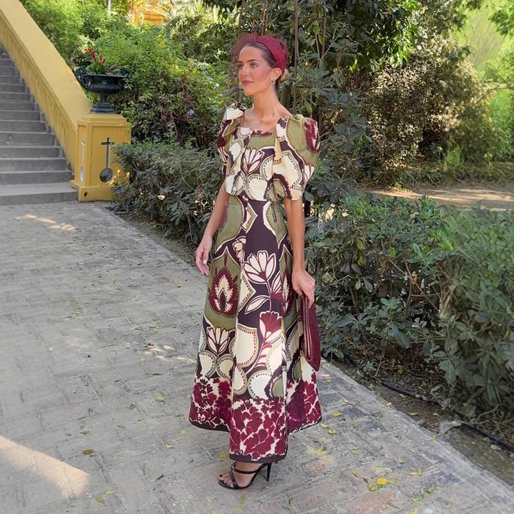 Women's Maxi Dress Set with Puff Sleeves, Tailored Midriff and Floral-Geometric Print Mune Fashion