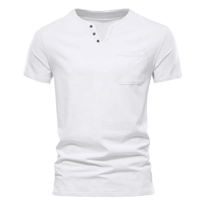 Men's tailored short sleeve Henley shirt with chest pocket and asymmetrical button placket Mune Fashion