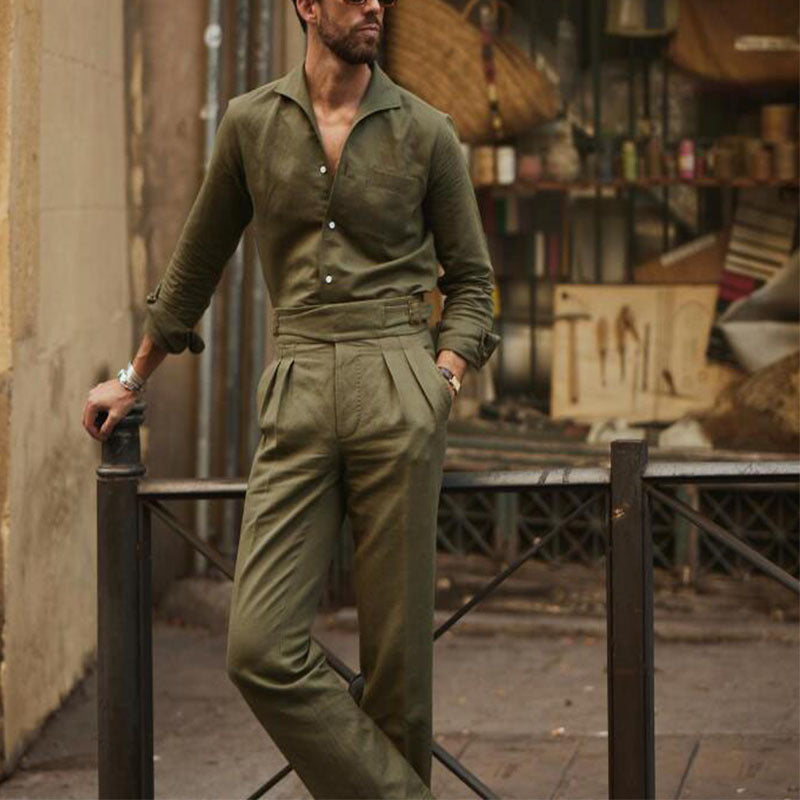 Men's Lightweight Linen Blend Shirt with Open Camp Collar, Patch Pockets and Button Cuffs Mune Fashion