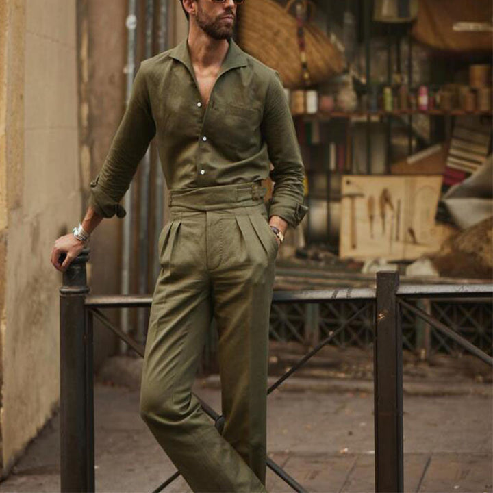 Men's Lightweight Linen Blend Shirt with Open Camp Collar, Patch Pockets and Button Cuffs Mune Fashion