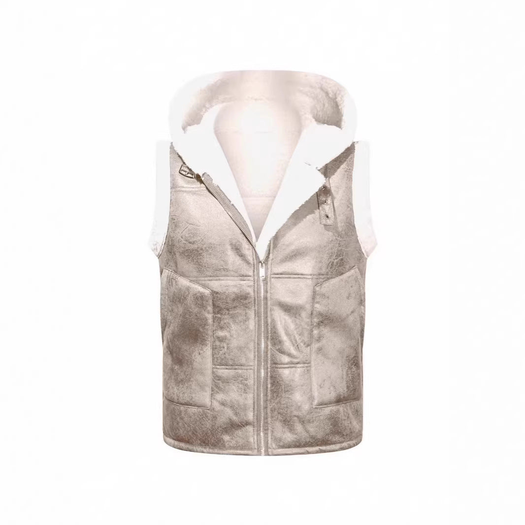 Men's Sleeveless Lambskin Imitation Vest with Hooded Collar and Front Pockets Mune Fashion