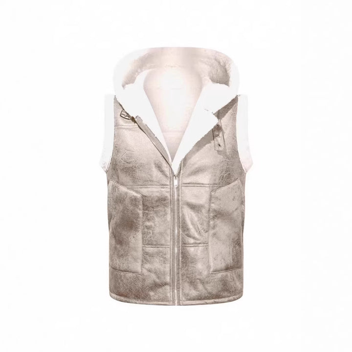 Men's hooded vest in lambskin look with teddy lining, zipper and large flap pockets Mune Fashion