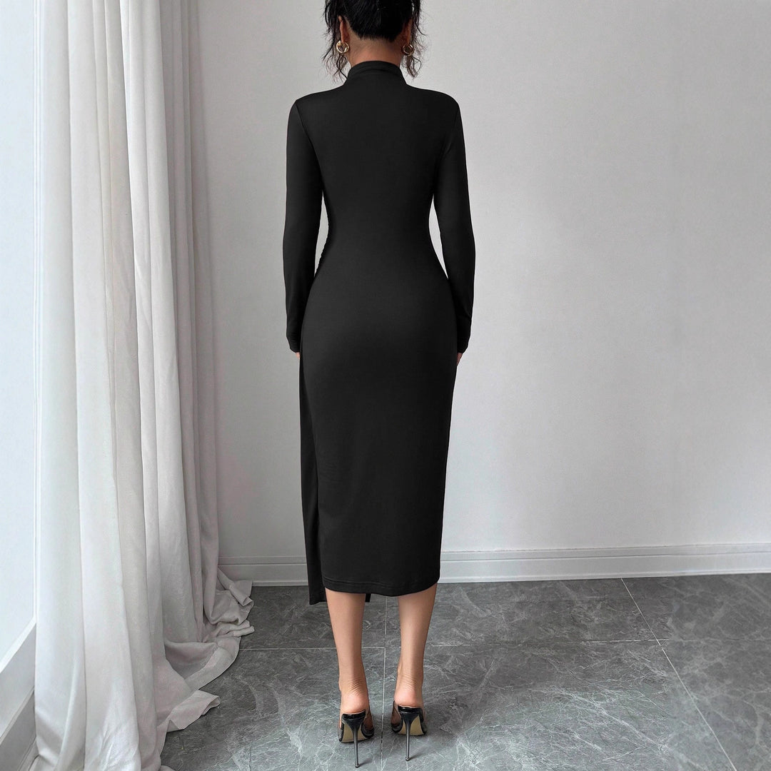 Ladies' figure-hugging midi dress with stand-up collar, waist gathering, and asymmetrical hem Mune Fashion