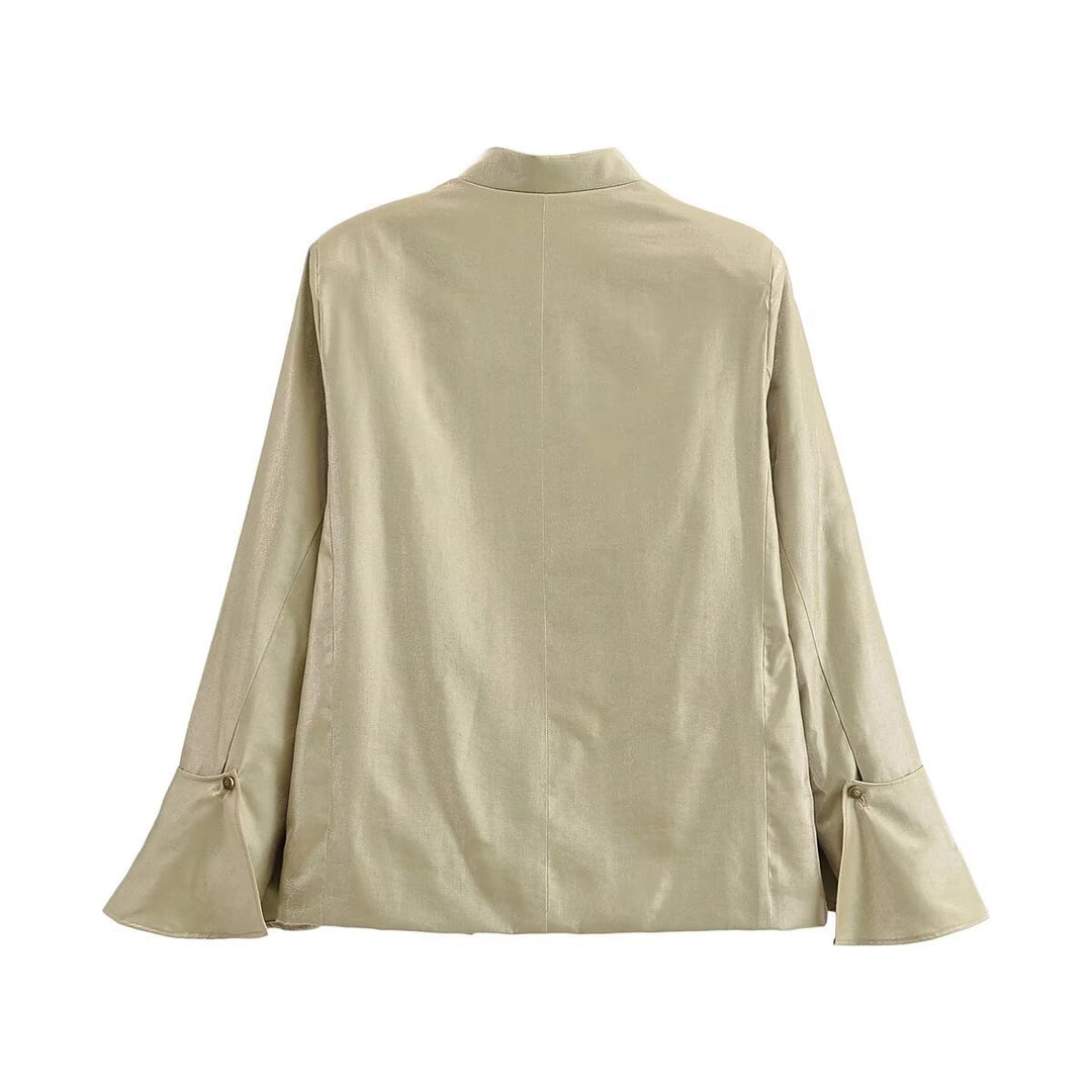 Women Asymmetrical Satin Blouse Jacket with Mandarin Collar and Bell Sleeves Mune Fashion