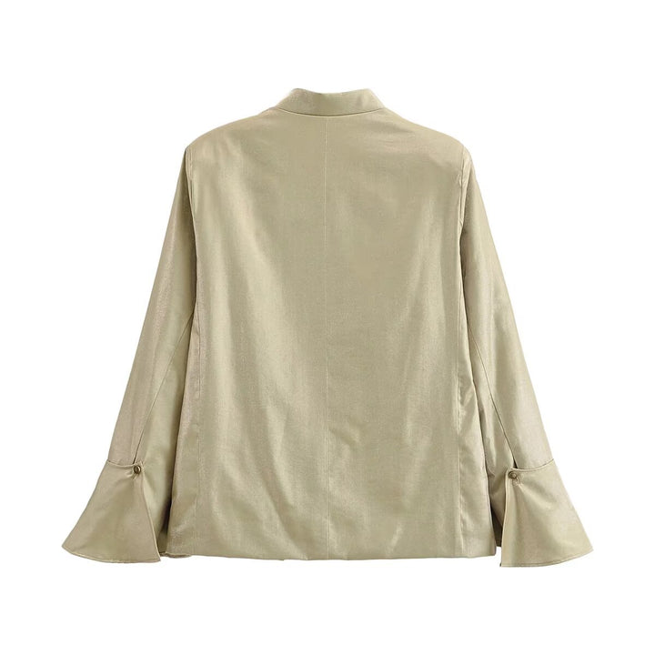 Women Asymmetrical Satin Blouse Jacket with Mandarin Collar and Bell Sleeves Mune Fashion