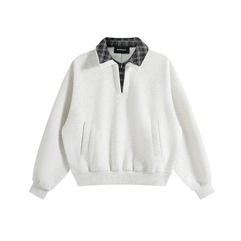 Unisex Oversized Sweatshirt with inset check shirt collar and half zipper Mune Fashion