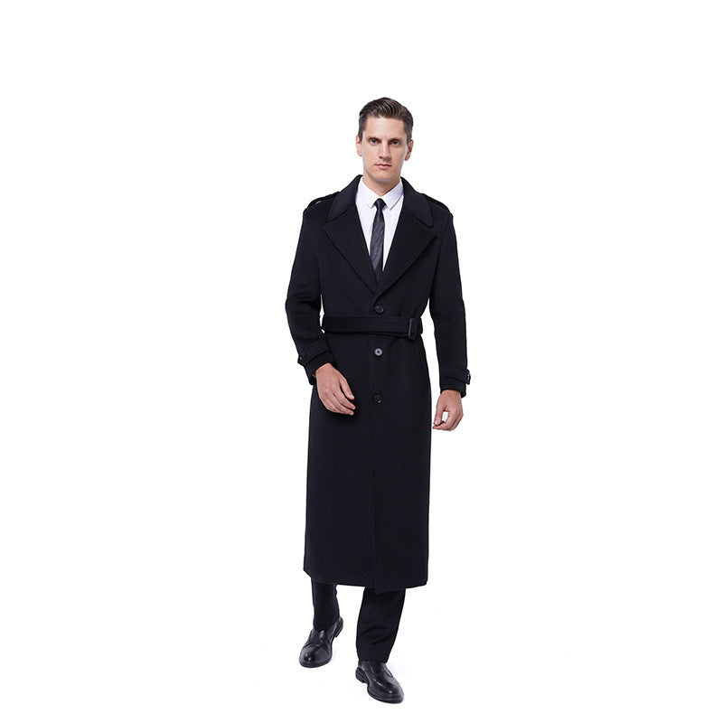 Men's maxi length coat made of wool blend with tie belt, epaulettes and classic lapels Mune Fashion