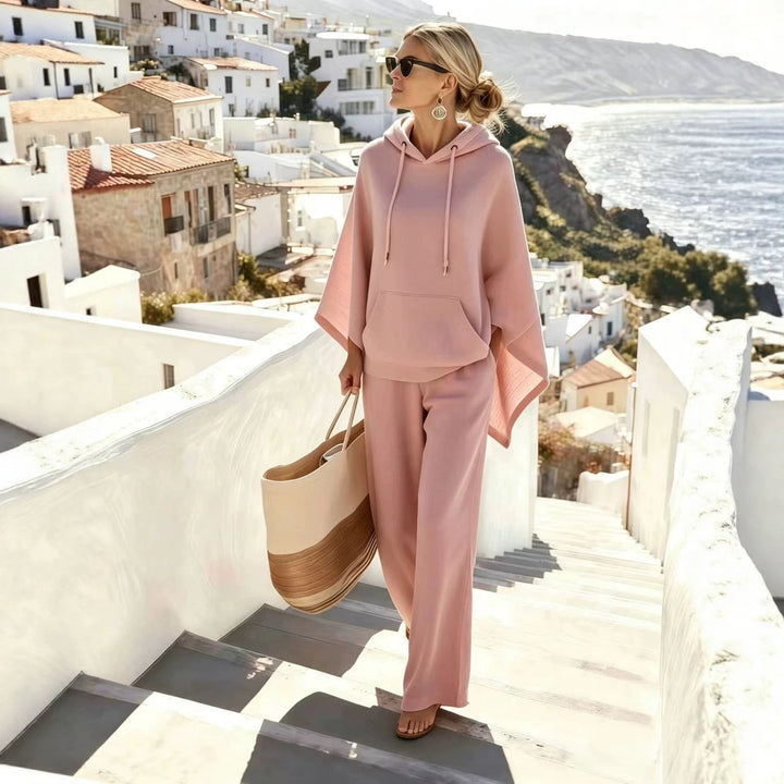 Women's casual hoodie poncho and wide-leg pants lounge set made of soft sweat fabric Mune Fashion
