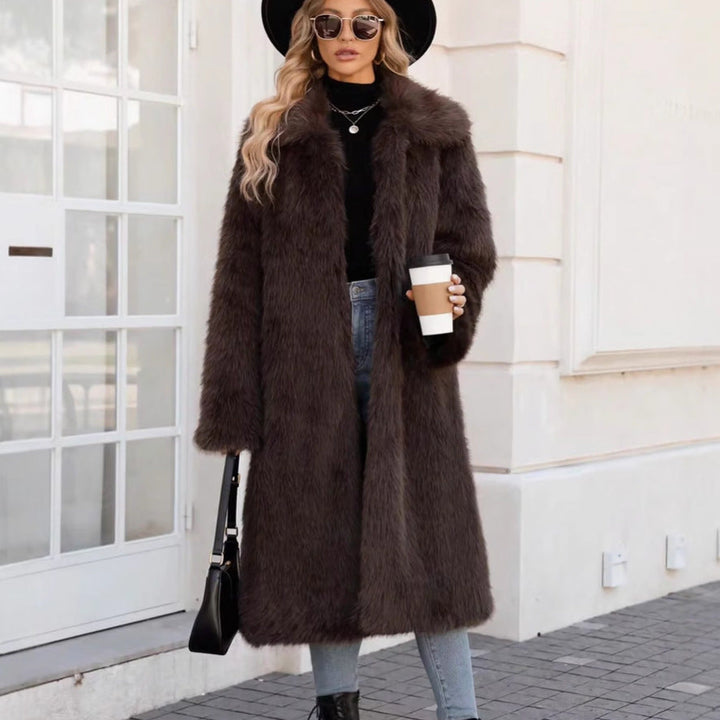 Ladies Fluffy Faux Fur Coat with Soft Lapel Mune