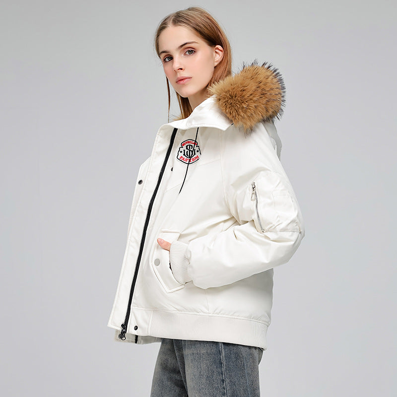 Women's short bomber-style parka jacket with removable fur hood and logo patch Mune Fashion