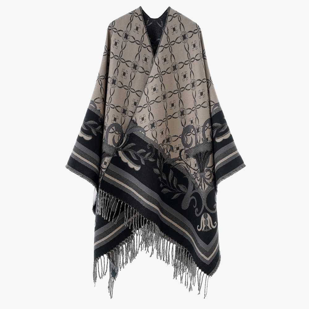 Women's Light Jacquard Caftan Style Throw with Decorative Fringes Mune Fashion