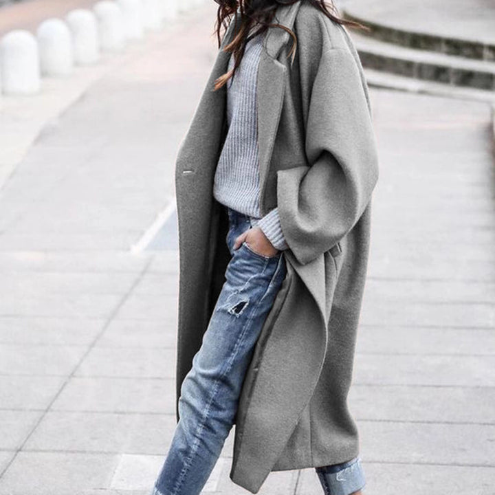 Women's longer oversized wool blend kimono coat with open front and deep side pockets Mune Fashion