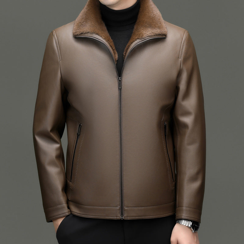 Men's leather jacket with warming lambskin collar and concealed zipper Mune Fashion