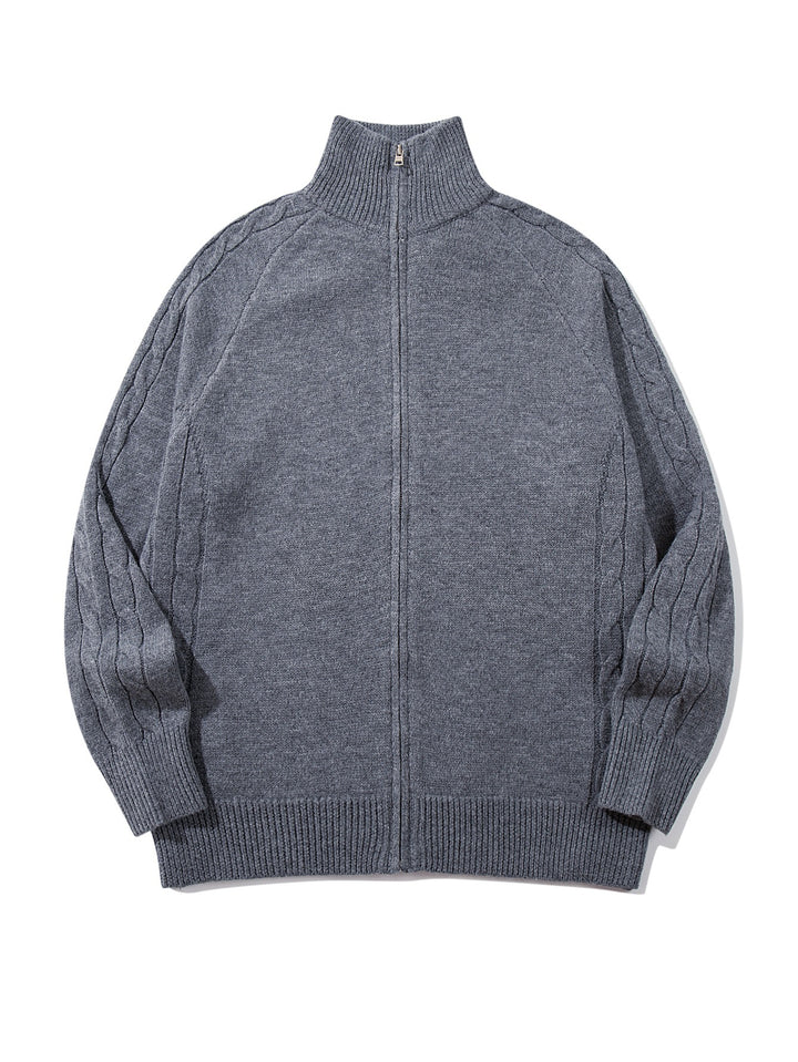 Men's bulky knit zip jacket with funnel collar, raglan sleeves, and cable pattern Mune Fashion