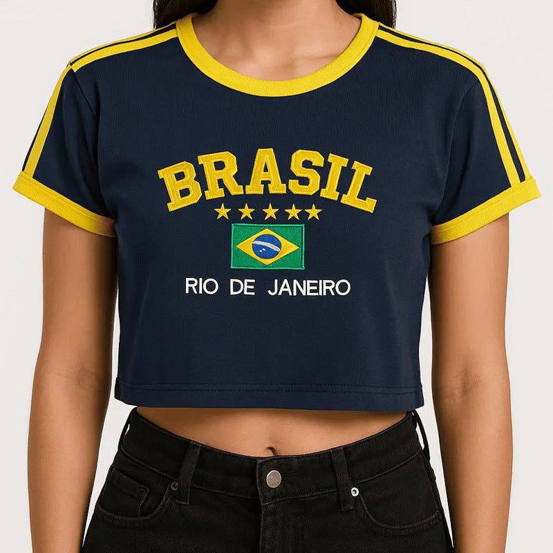 Women's short cotton crop shirt with round neck and Brazil print Mune Fashion