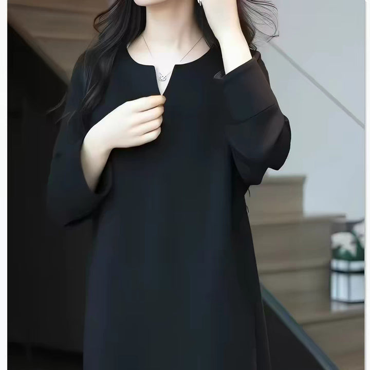 Women's Simple Midi Dress with V-Slit, Three-Quarter Sleeves and Straight Fall Mune Fashion