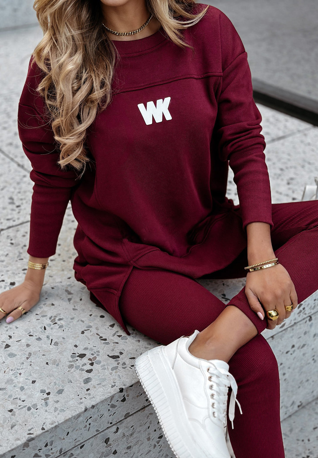 Women's Oversize Long Sweatshirt with Side Slits and High Waist Ribbed Leggings Set Mune Fashion