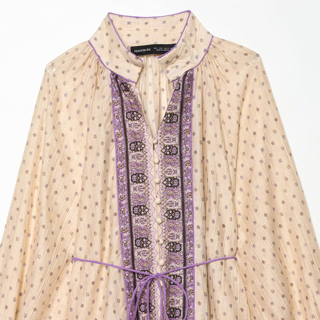 Women’s Boho midi dress with embroidered button placket, balloon sleeves and waist belt Mune Fashion