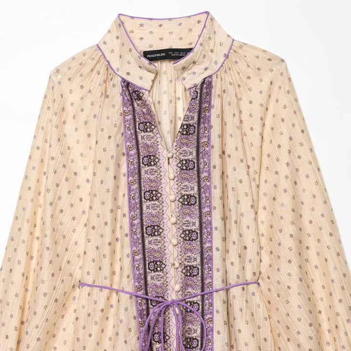 Women’s Boho midi dress with embroidered button placket, balloon sleeves and waist belt Mune Fashion