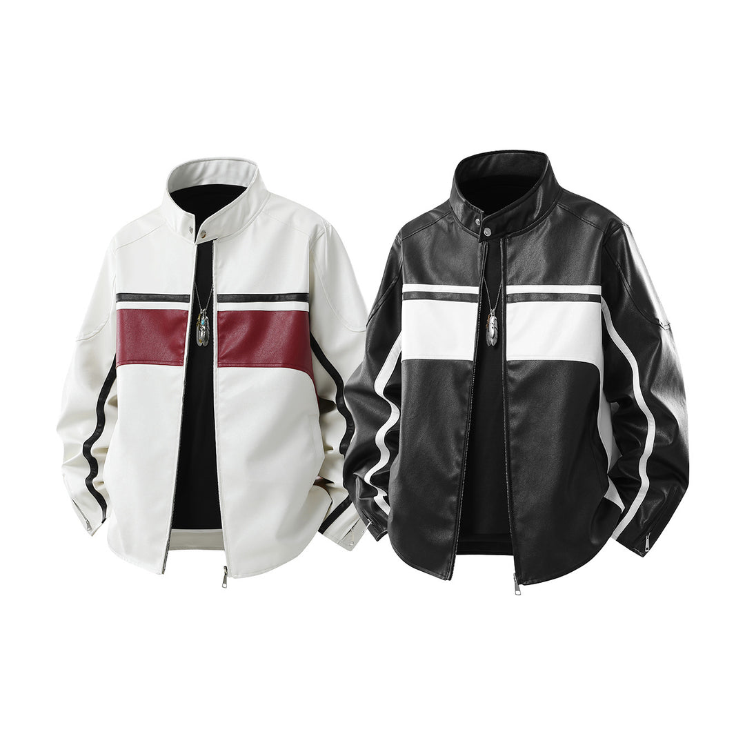 Herren Kunstleder-Bomberjacke mit Stehkragen, farbblockierten Einsätzen und Kontraststreifen Mune Fashion