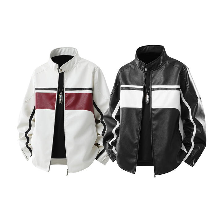 Herren Kunstleder-Bomberjacke mit Stehkragen, farbblockierten Einsätzen und Kontraststreifen Mune Fashion
