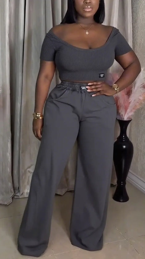Women's off-the-shoulder ribbed crop top with wide-cut, high-waisted palazzo pants Mune Fashion
